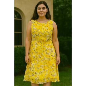 Butter Yellow Mocha Mousse Floral Midi spring Flowy, coquette Dress size 16
